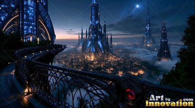 Curving from the left, a dark iron balcony faces blue city towers at dusk