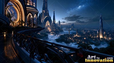 A dark carved stone balcony gazes out over a futuristic city lit up at night under clouds