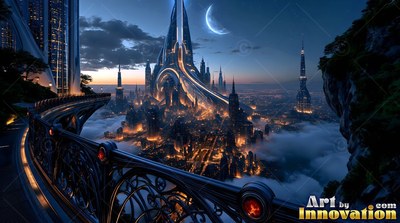 On a dark metal balcony, a lighted city rises above white clouds at night