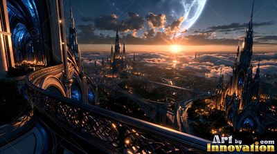 Gazing out over tall spires at sunset, a curved cut stone balcony faces clouds
