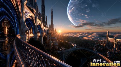 Curved balcony overlooking a city under a large blue planet
