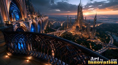 Dark iron balustrade curving on a high cut stone balcony above a fantasy city at sunset