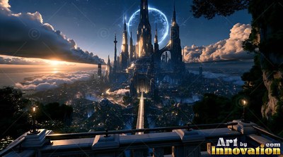 Looking straight ahead from a stone balcony toward a dark fantasy city under a blue moon
