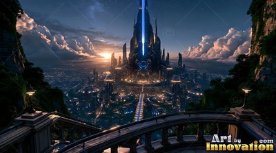 A carved stone balcony overlooks a futuristic city tower lit with blue light at sunset