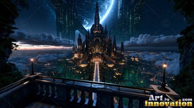 From a carved stone balcony, a dark fantasy city rises under a blue moonlit sky