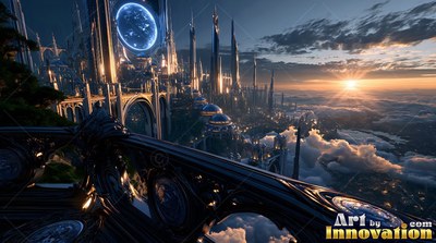 Carved dark balcony overlooking a sky city at sunset
