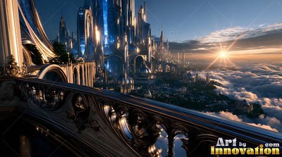 Carved scrollwork on a dark stone railing overlooks a fantasy city of spires above sunlit clouds