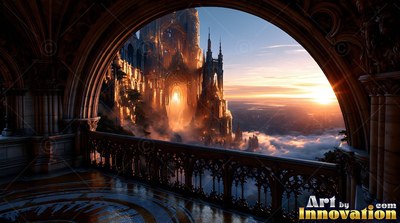 A stone balcony opens out over cloud-covered spires in warm orange sunset light