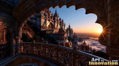 Seen from a carved cut stone balcony toward palaces in sunset clouds