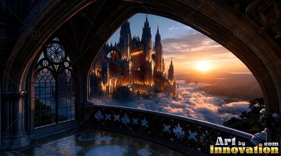 A cut stone balcony faces a distant spired castle rising above sunset clouds