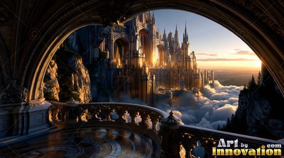From a curved cut stone balcony, a golden castle stands above soft clouds at sunset