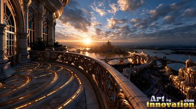 Overlooking a city at sunrise, a curved cut stone balcony faces bridges and water