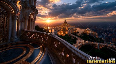 Carved stone balcony overlooking bridges and a city at sunset