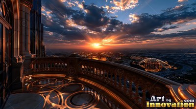 Rounded stone railings rim a high balcony overlooking a distant city at sunset