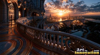 A curved balcony faces out over a river city under a warm sunset sky