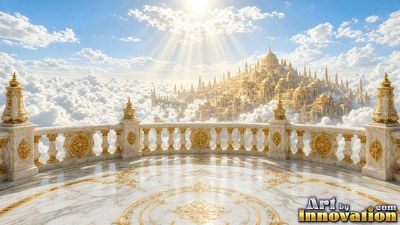 Facing outward from a marble balcony toward a golden city in the clouds