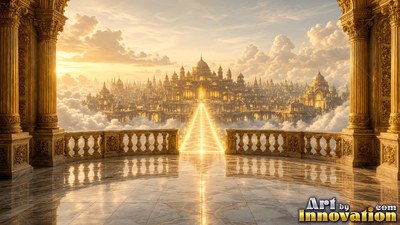 A marble balcony opens out at a golden city in soft clouds under sunlight