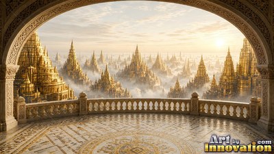 From an arched cut stone balcony, golden spires rise above pale clouds at sunrise