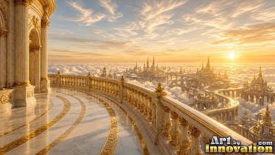Curving toward the sunset, a marble balcony overlooks a golden city above the clouds