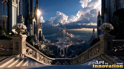 Cut stone balcony looking out at a bright fantasy city in clouds