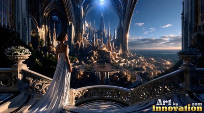 Wearing a long white gown, a figure stands on a cut stone balcony overlooking a sunlit city of spires
