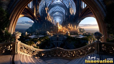 A stone balcony faces high towers under grand arches in warm sunlight