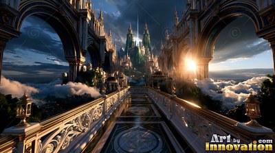 A marble balcony walkway leading to a city in the sky at sunrise