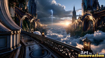 On a high carved stone balcony, towers rise above thick clouds at sunrise