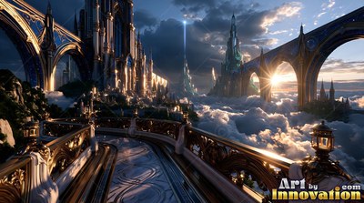 Curving above sea of clouds, a marble balcony overlooks gold palaces in sunlight