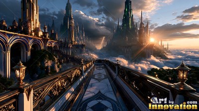 A high balcony overlooking city spires above clouds at sunset