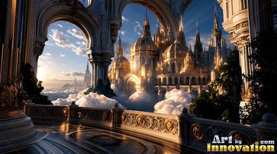 Carved round medallions line a marble balcony looking over gold domes and white clouds