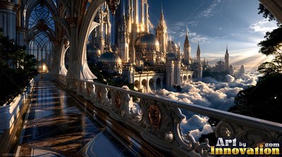 A carved stone balcony looks over a golden city above thick pale clouds in bright sunlight