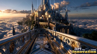 Facing straight down a balcony walk toward a palace rising out of clouds