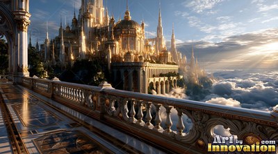 A stone balcony gazes out at a golden palace rising above the clouds in morning light