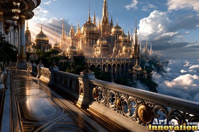 From a stone balcony, a golden palace rises above white clouds in sunlight