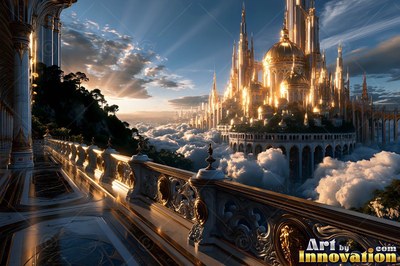 Seen over white clouds, a carved stone balcony faces a golden city at sunrise