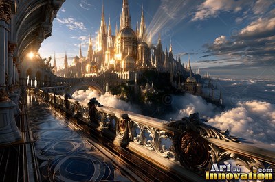 Marble balcony looking out at a golden castle in the clouds