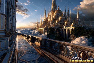 Polished stone tiles lead down a long terrace toward a golden palace in clouds