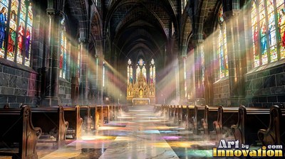 In a dark cathedral with stone walls, colorful light beams across empty wooden pews