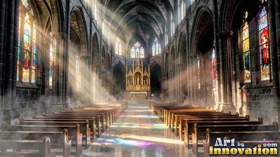 Shining down through misty air, sunbeams cross the aisle of a stone cathedral
