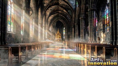 Cathedral aisle with sunbeams cutting through haze over pews