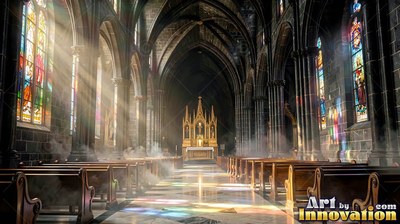 Beams of sunlight cut through haze between wooden pews inside a dark stone cathedral