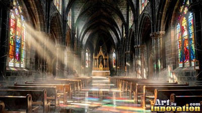 Sunlight comes into a tall stone cathedral, cutting through pale mist onto the floor