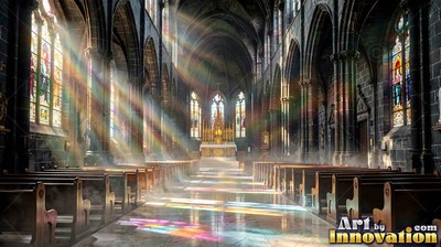 Looking down the central aisle of a stone cathedral as sunlight beams over wooden pews