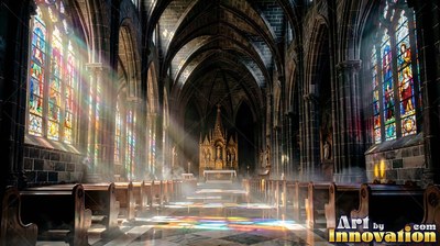 Sunlight streams through stained glass windows into a dark tall stone cathedral aisle