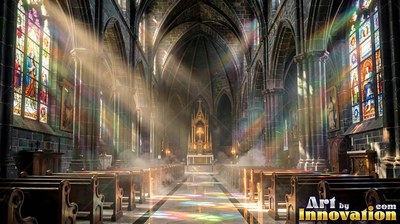 In a cathedral, sunlight shines through stained glass panes over empty pews