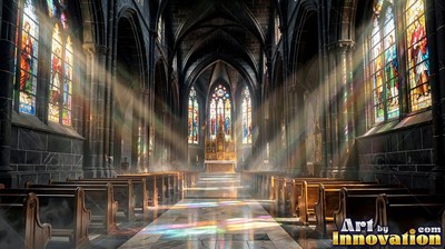 Shining through tall stained glass, bright sunbeams cross an empty stone cathedral aisle