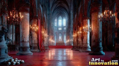 In a gothic cathedral with red floors, chandeliers light stone pillars