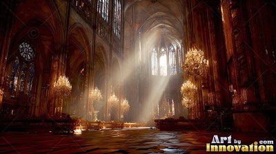 Sunlight comes through windows into a dark cathedral