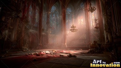 Dressed in a pale robe, a figure lies on the stone floor of a misty cathedral under hanging chandeliers